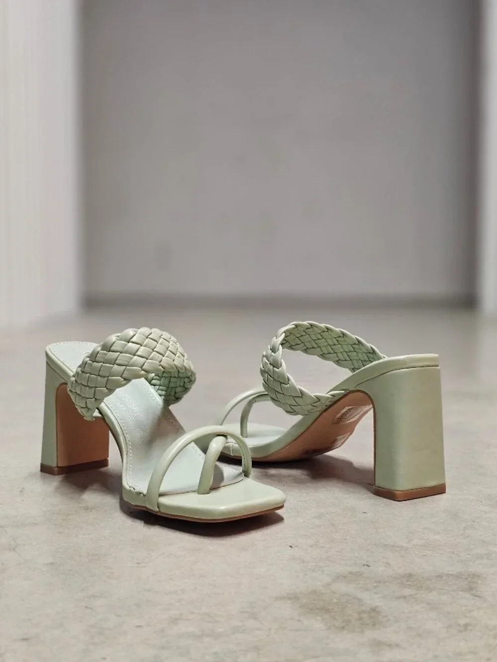 Woven Strap Block Heel Sandals Sage Green Square Toe Slip-On Design Womens Footw